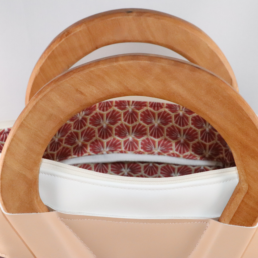 Sac bordeaux et beige rosé alter-cuir de raisin poignées en bois 7