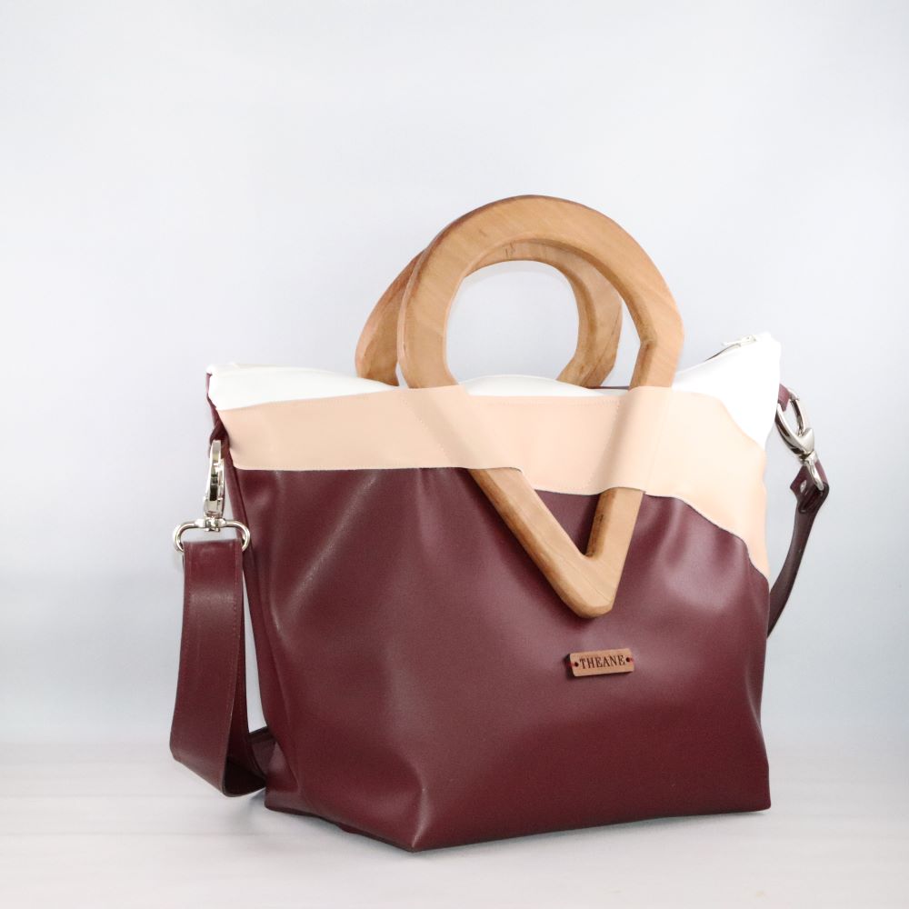 Sac bordeaux et beige rosé alter-cuir de raisin poignées en bois 7