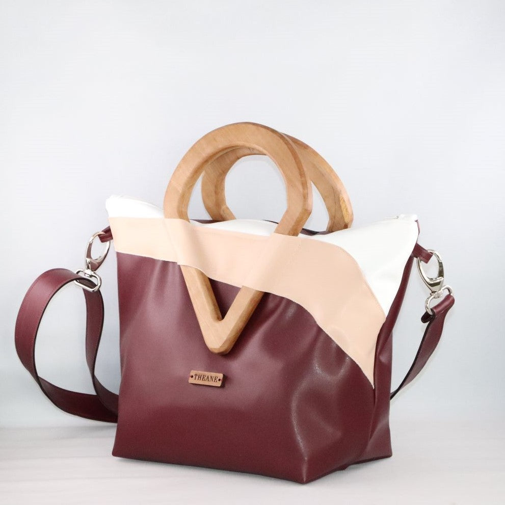 Sac bordeaux et beige rosé alter-cuir de raisin poignées en bois 7