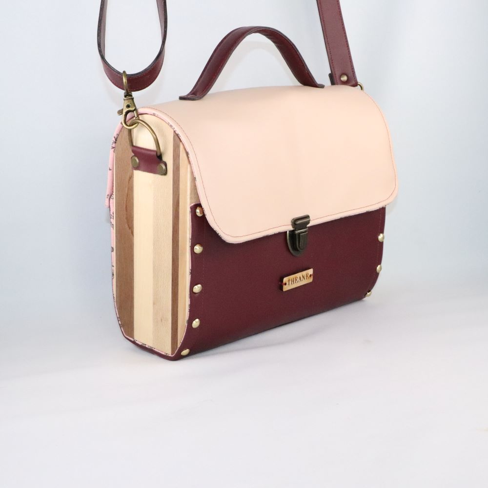 Petit sac cartable bois et alter-cuir de raisin bordeaux et beige rosé 3