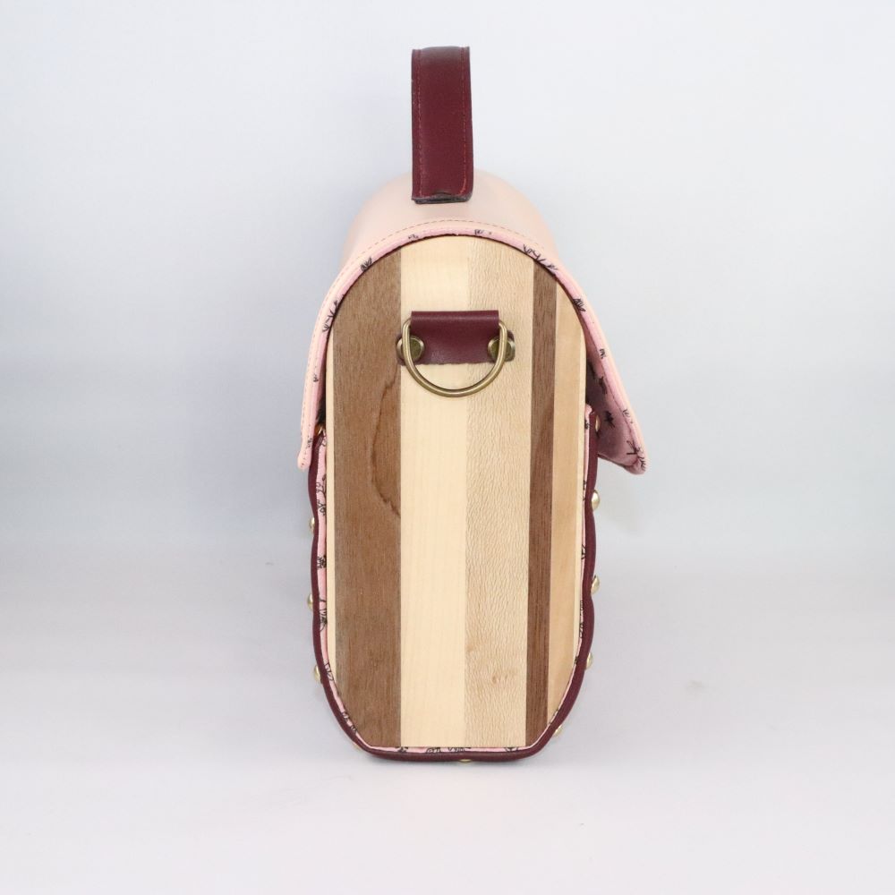 Petit sac cartable bois et alter-cuir de raisin bordeaux et beige rosé 3