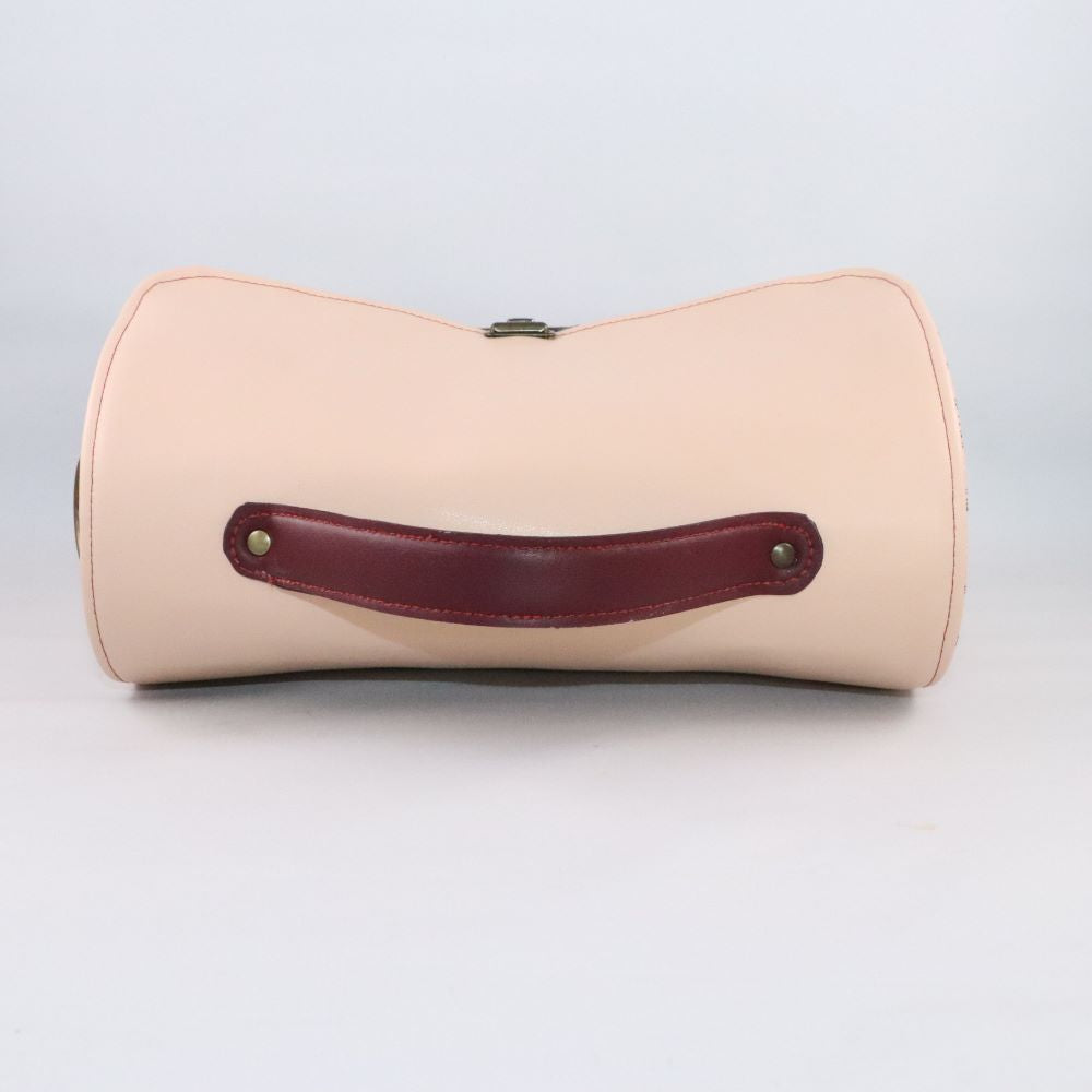 Petit sac cartable bois et alter-cuir de raisin bordeaux et beige rosé 3