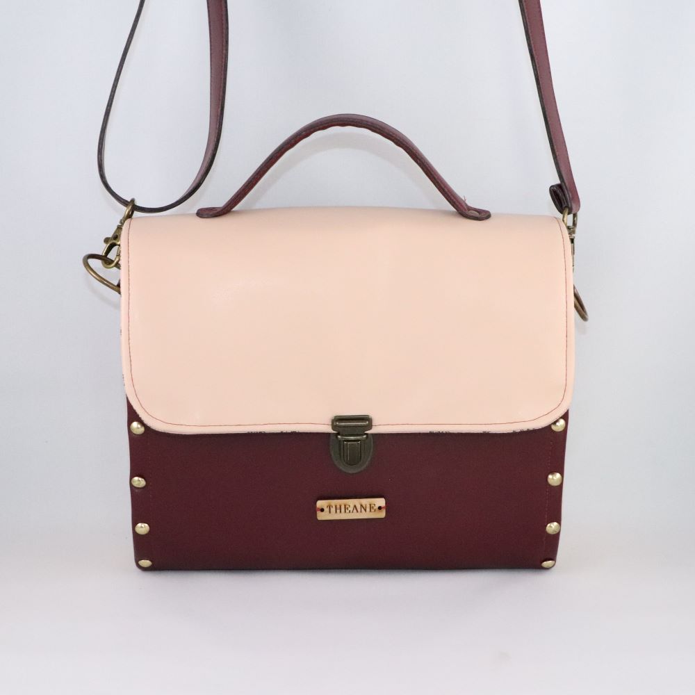 Petit sac cartable bois et alter-cuir de raisin bordeaux et beige rosé 3