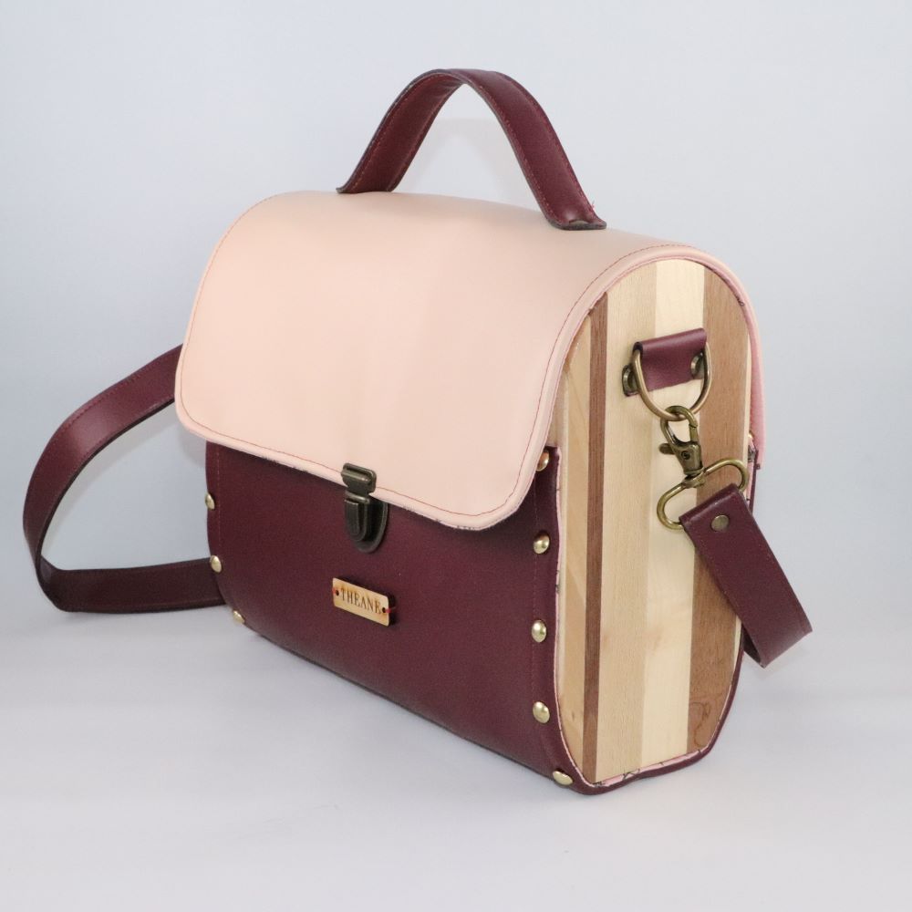 Petit sac cartable bois et alter-cuir de raisin bordeaux et beige rosé 3