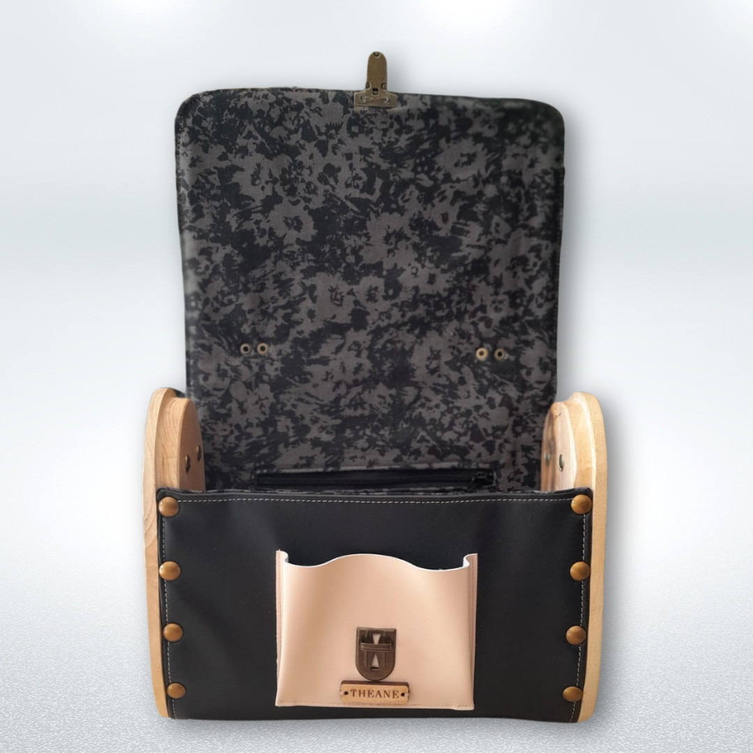 Petit sac cartable bois et alter-cuir de raisin noir et sable 89