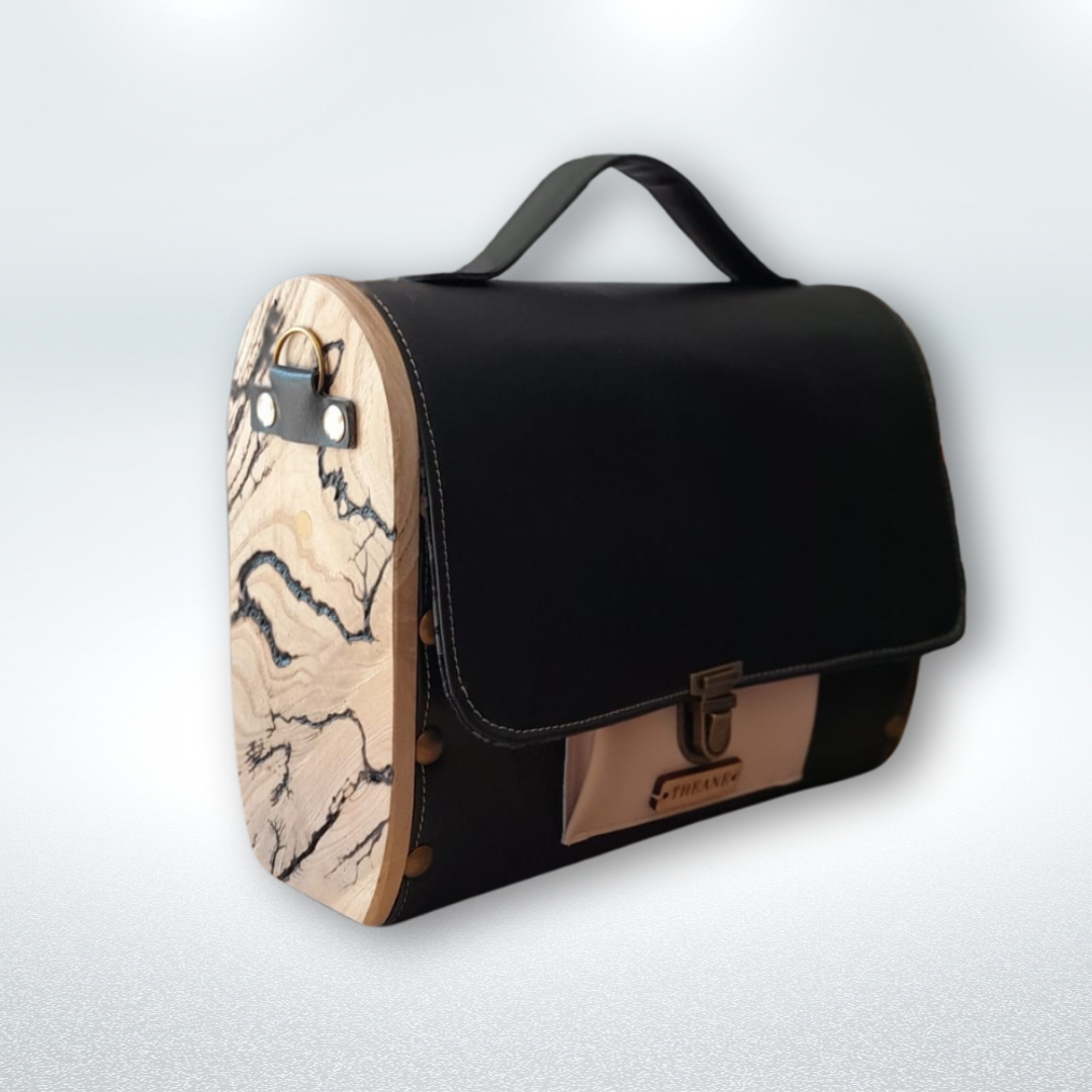 Petit sac cartable bois et alter-cuir de raisin noir et sable 89