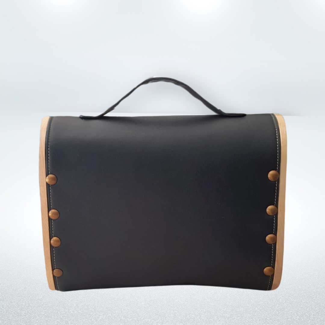 Petit sac cartable bois et alter-cuir de raisin noir et sable 89