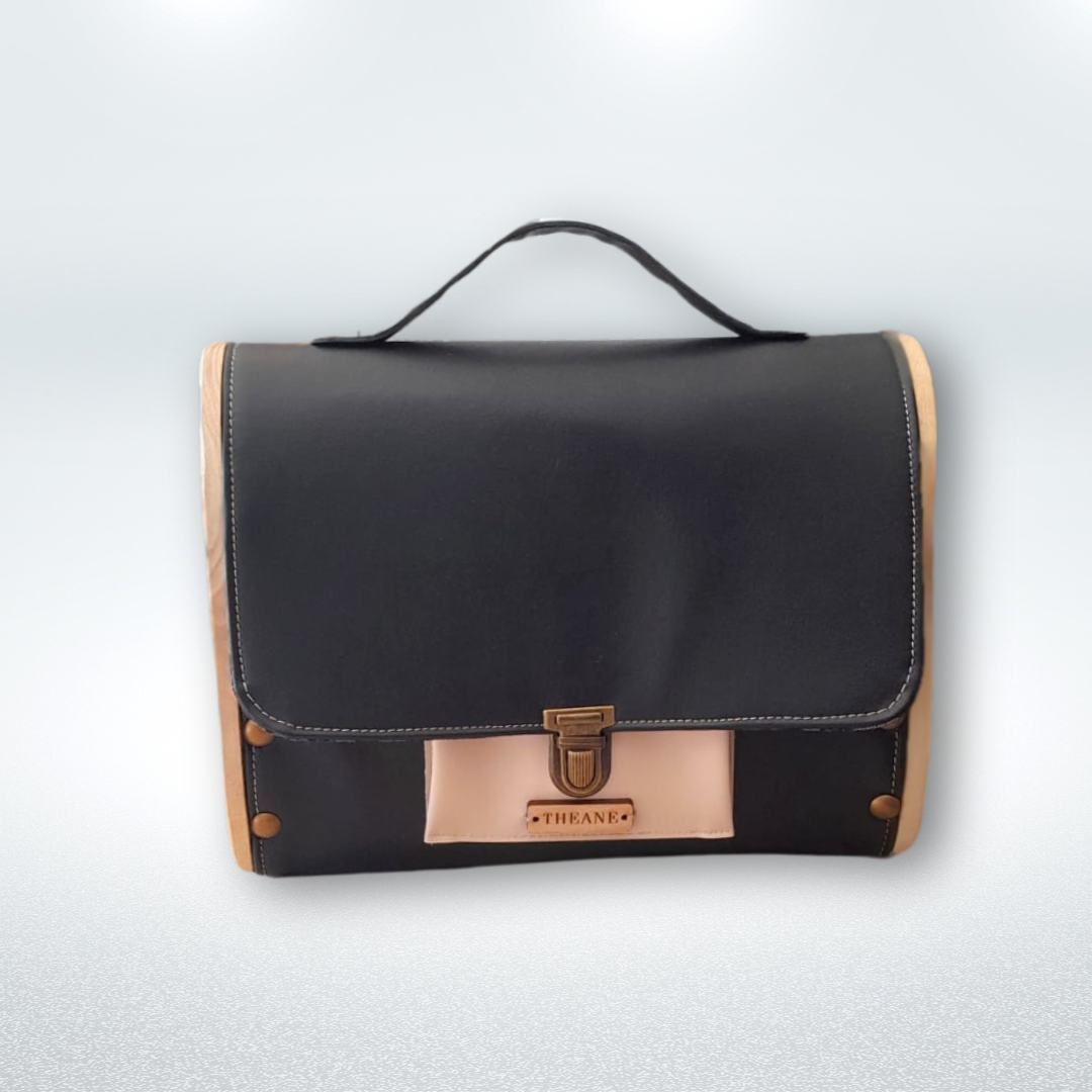Petit sac cartable bois et alter-cuir de raisin noir et sable 89