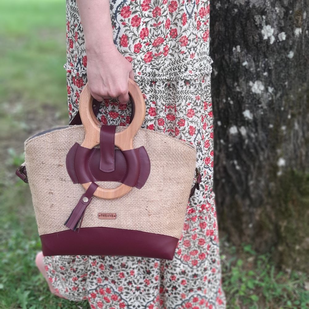 Sac jute et alter-cuir de raisin poignées en bois 2